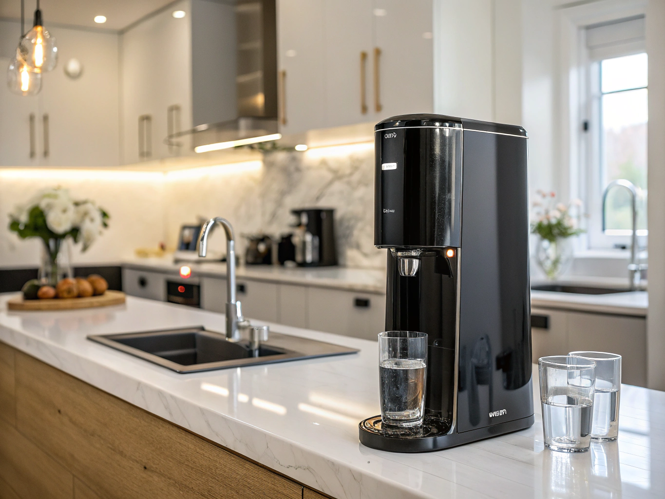 PURESPRING countertop water dispenser on white quartz island
