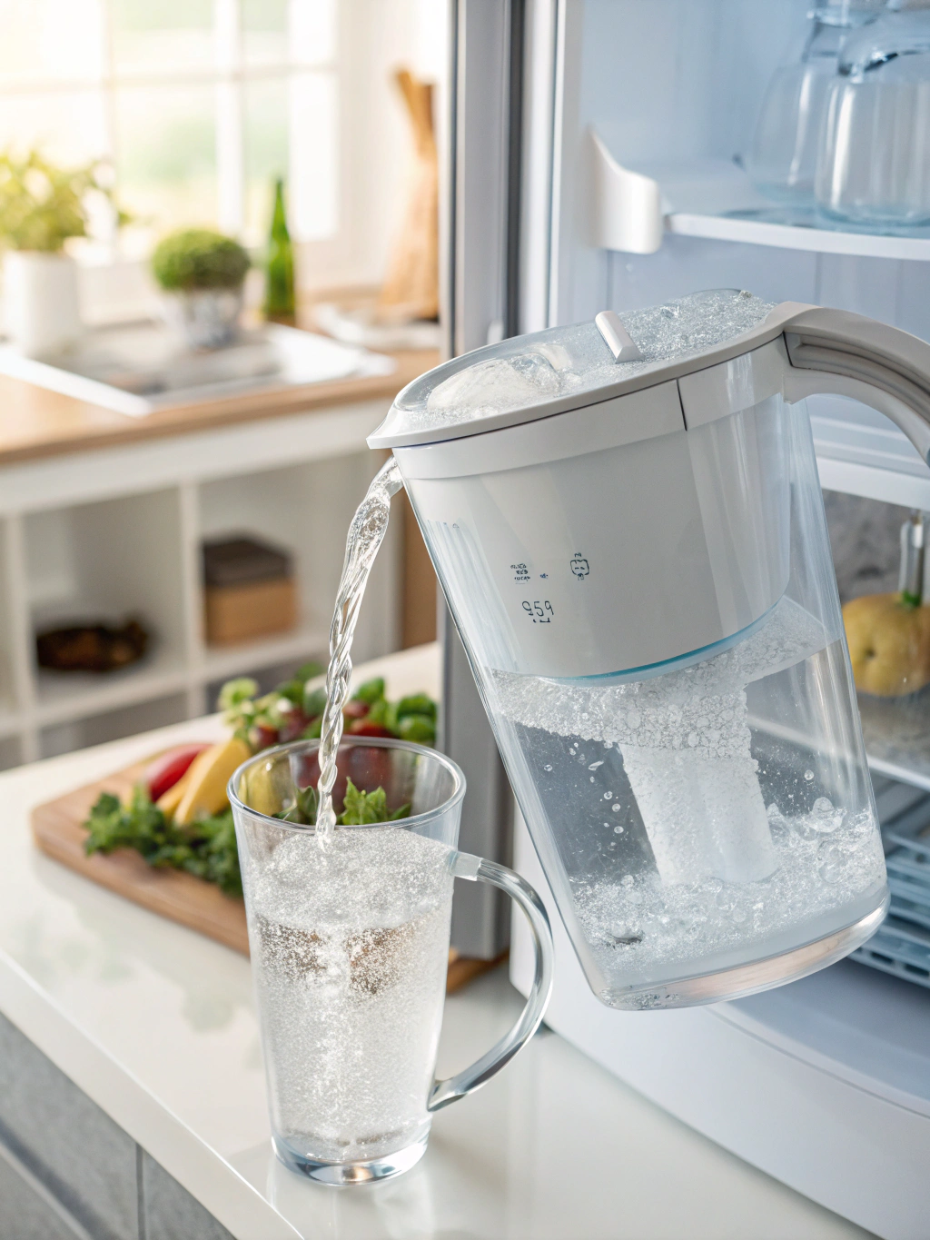 PURESPRING glass water filtration pitcher on stone countertop